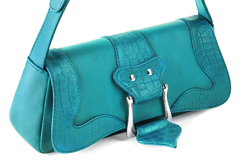 Turquoise blue women's dress handbag, matching pumps and belts. Front view - Florence KOOIJMAN